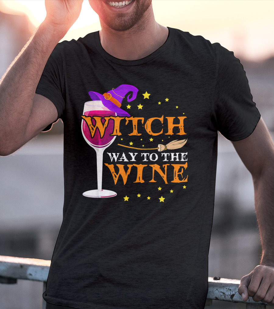 Witch Way To The Wine Halloween Wizard Hat Broomstick Stars T-Shirt