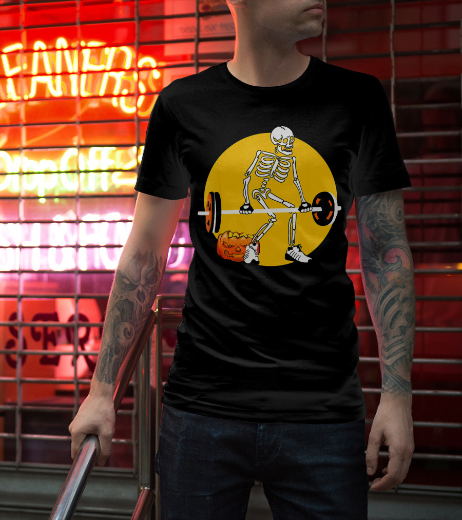 Skeleton Weightlifting With Pumpkin In Yellow Circle T-Shirt
