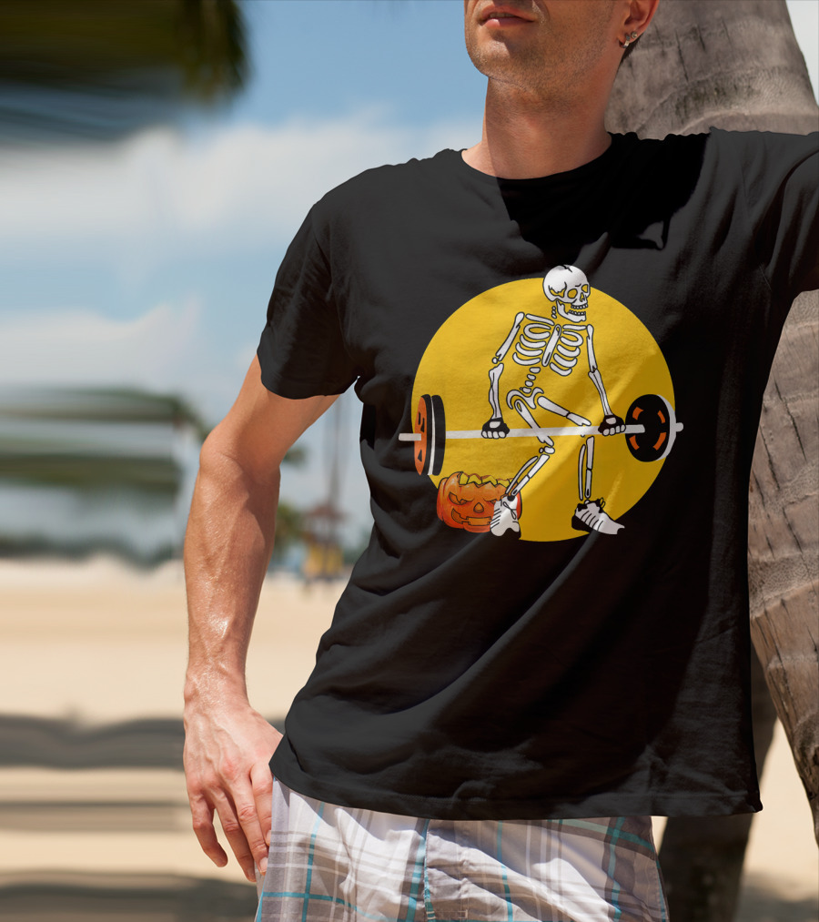 Skeleton Weightlifting With Pumpkin In Yellow Circle T-Shirt