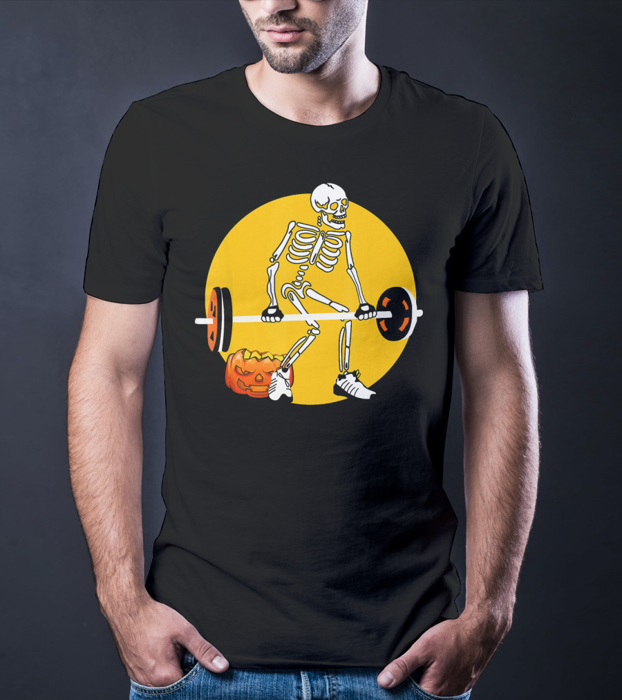 Skeleton Weightlifting With Pumpkin In Yellow Circle T-Shirt