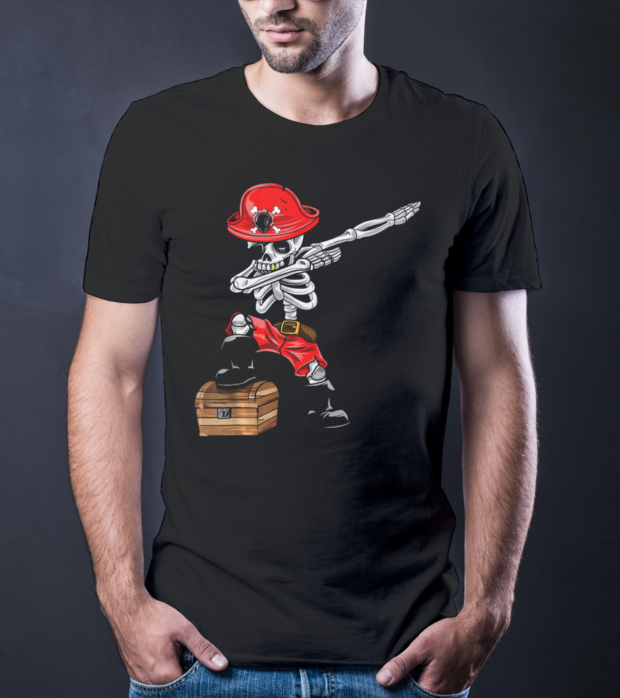 Dabbing Skeleton Pirate With Red Hat And Treasure Chest T-Shirt
