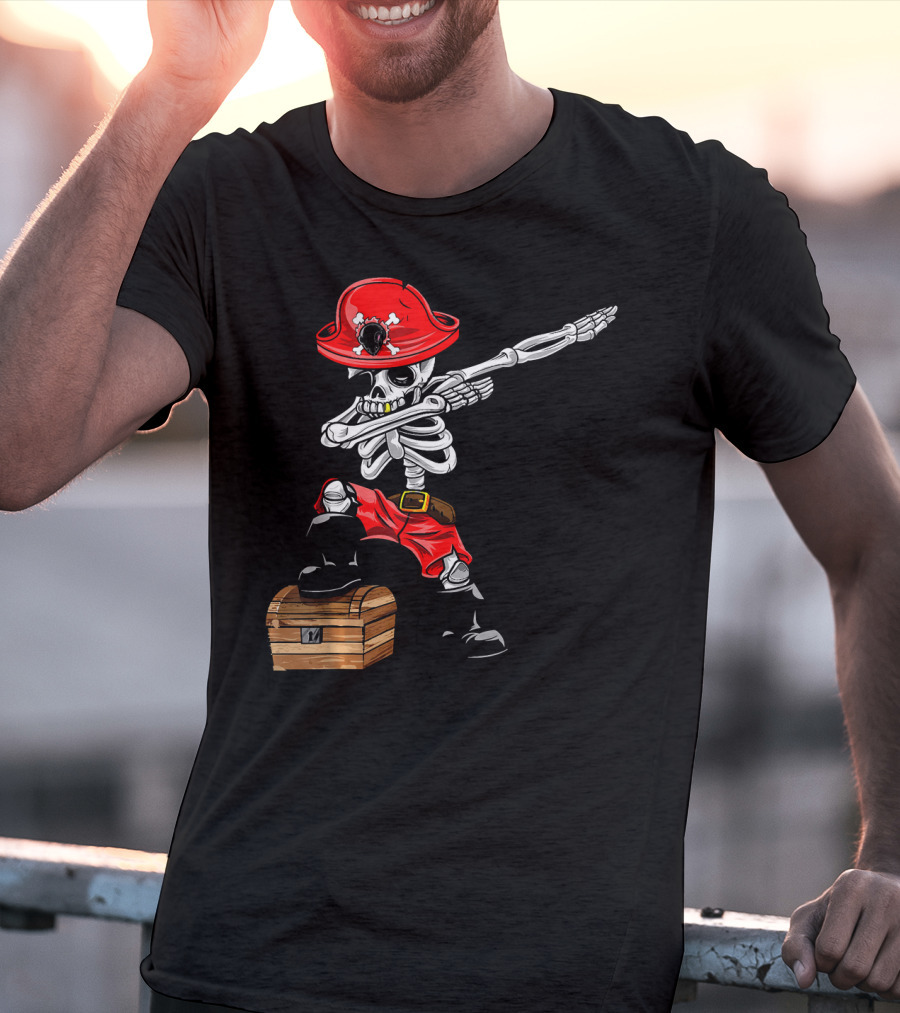 Dabbing Skeleton Pirate With Red Hat And Treasure Chest T-Shirt