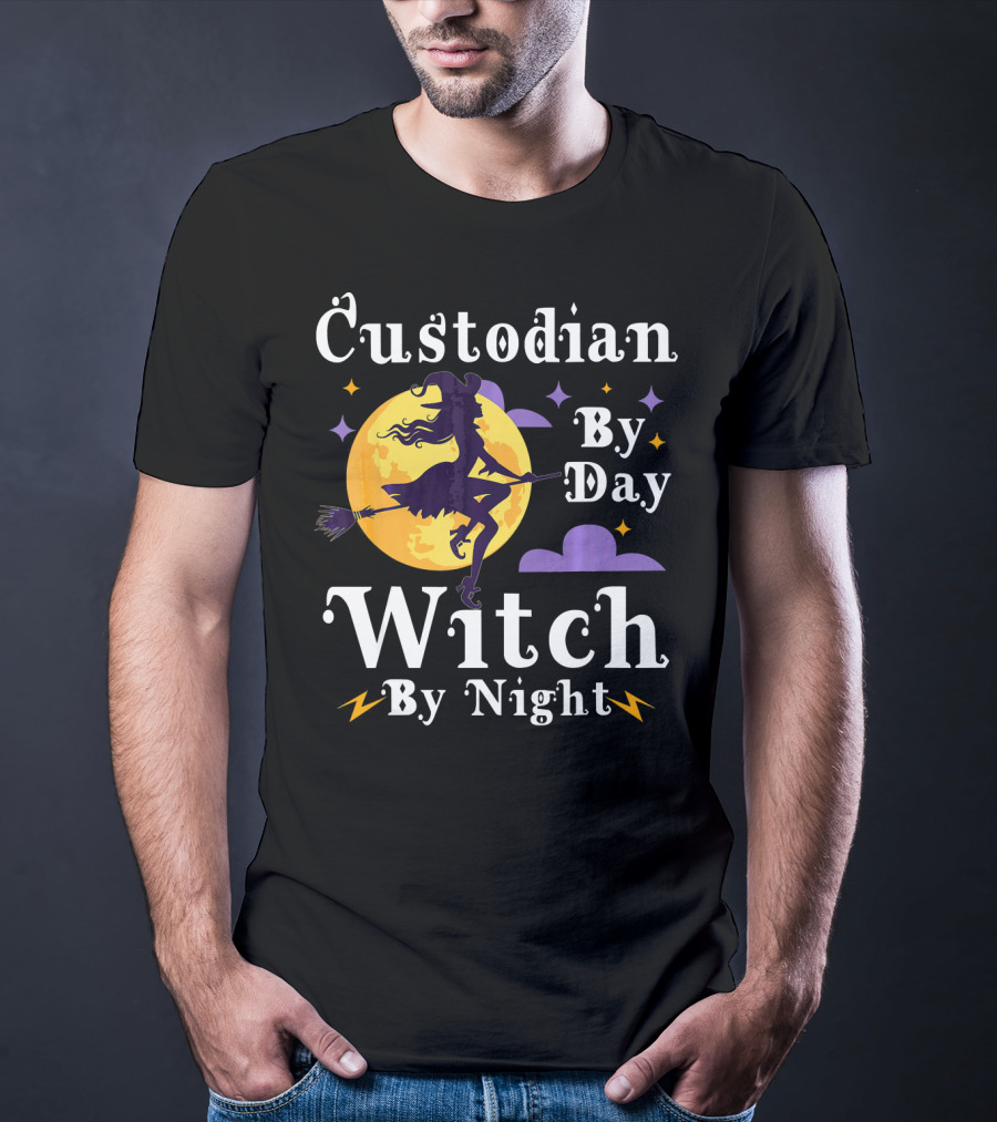 Custodian By Day Witch By Night Flying Broomstick Moon And Stars T-Shirt