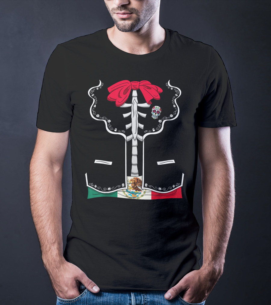 Day Of The Dead Dia De Los Muertos Mexican Skeleton Costume México Flag Sugar Skull Bow T-Shirt