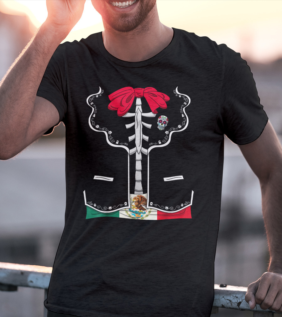 Day Of The Dead Dia De Los Muertos Mexican Skeleton Costume México Flag Sugar Skull Bow T-Shirt