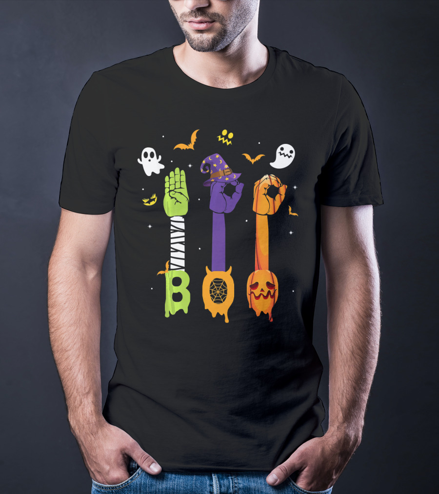 Boo Zombie Hand Sign Witch Hat Pumpkin Ghosts Halloween T-Shirt