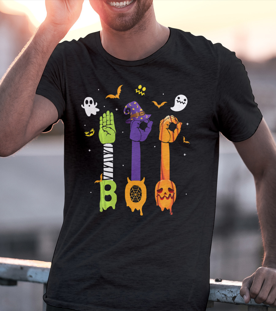 Boo Zombie Hand Sign Witch Hat Pumpkin Ghosts Halloween T-Shirt