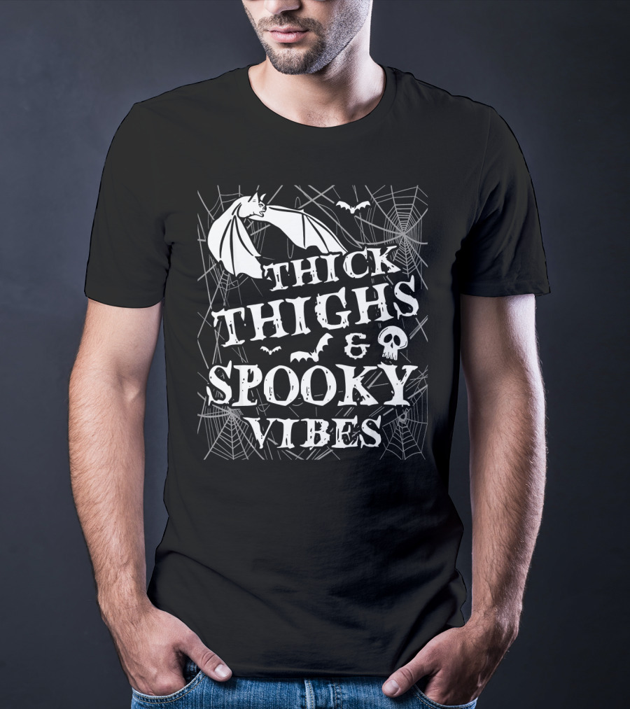Thick Thighs Spooky Vibes Bat Skull Spider Webs T-Shirt