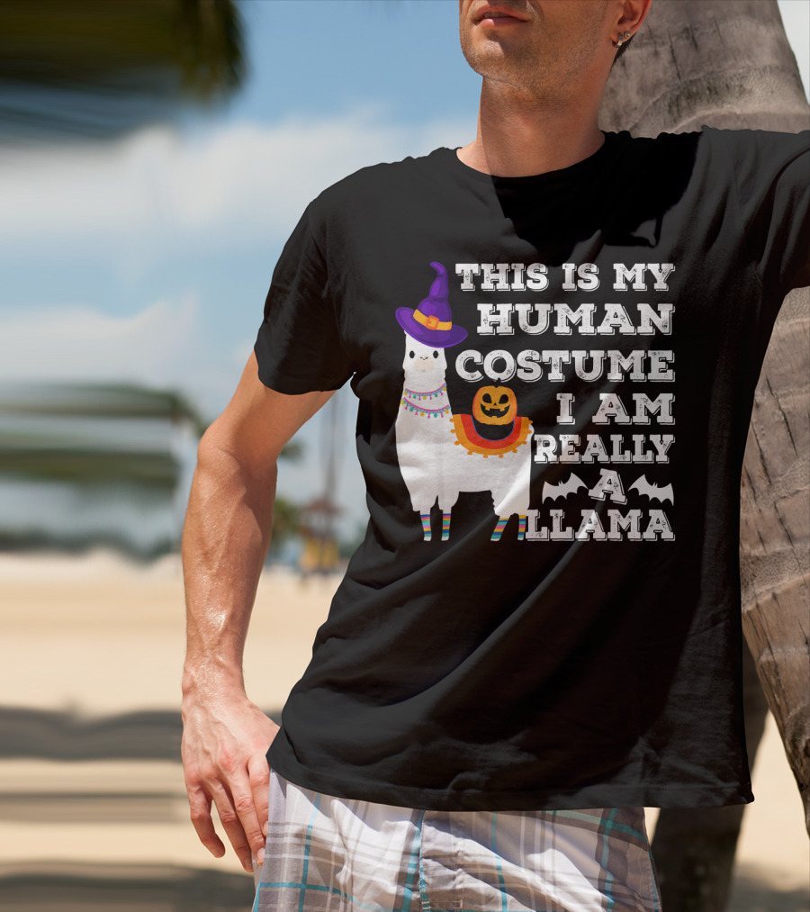 This Is My Human Costume I Am Really A Llama Halloween Witch Hat Pumpkin Bat T-Shirt
