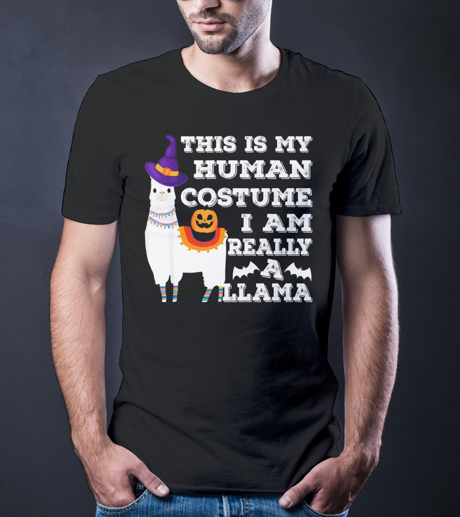 This Is My Human Costume I Am Really A Llama Halloween Witch Hat Pumpkin Bat T-Shirt