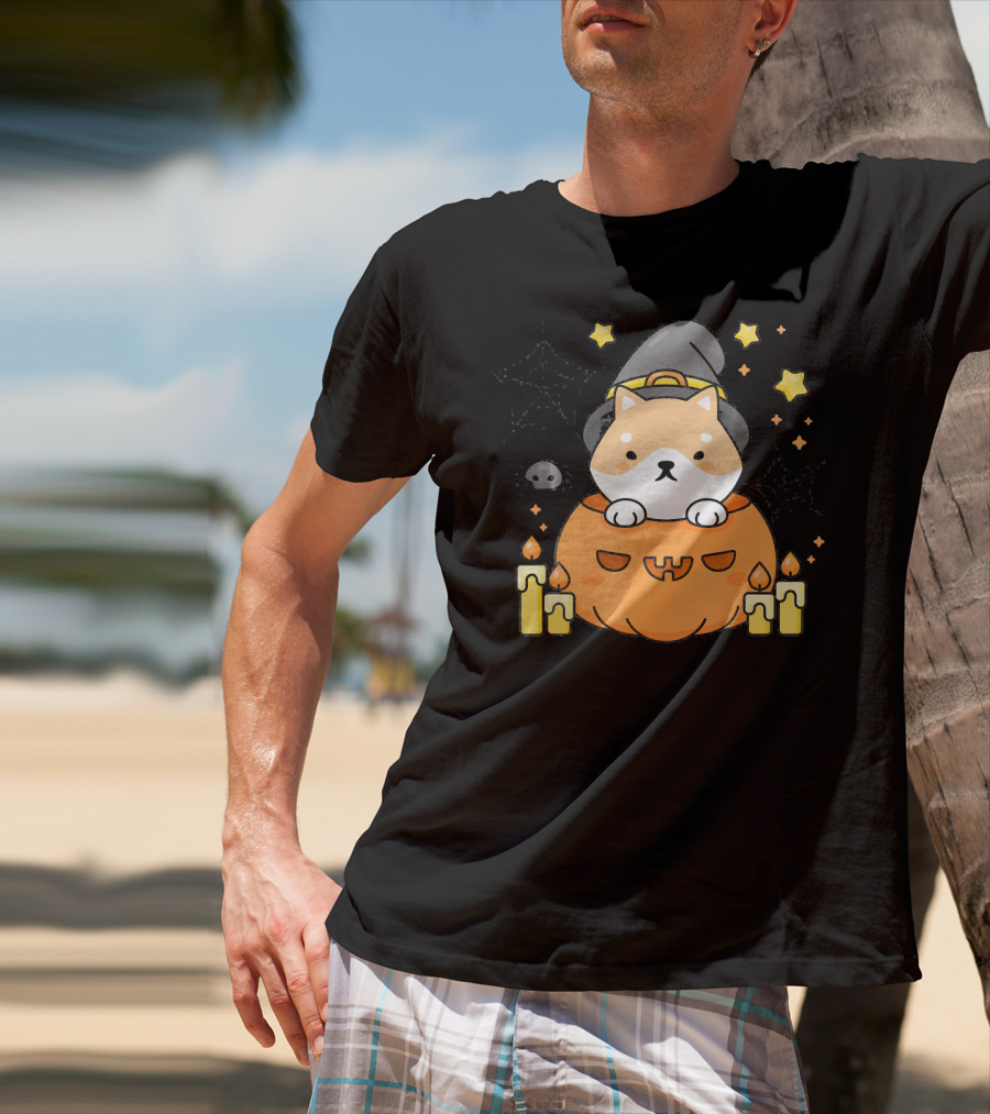 Kawaii Shiba Inu Dog In Witch Hat With Pumpkin And Candles Japanese T-Shirt