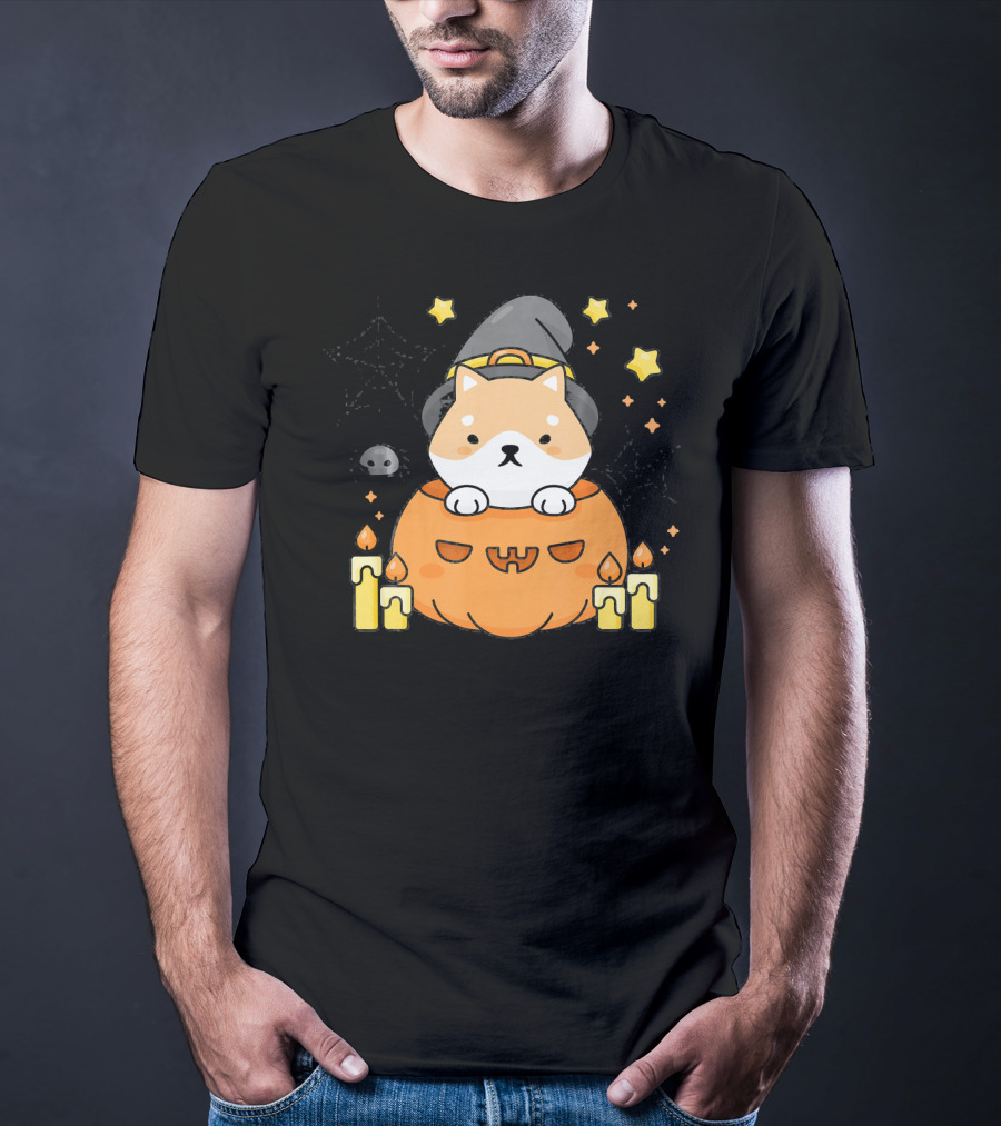 Kawaii Shiba Inu Dog In Witch Hat With Pumpkin And Candles Japanese T-Shirt