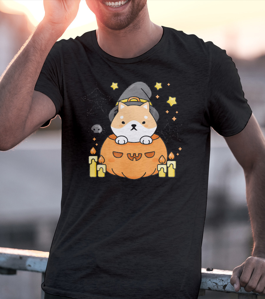 Kawaii Shiba Inu Dog In Witch Hat With Pumpkin And Candles Japanese T-Shirt