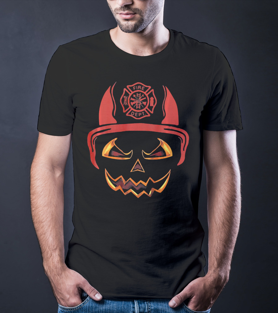 Fire Dept Pumpkin With Firefighter Helmet And Jack-O'-Lantern Face T-Shirt