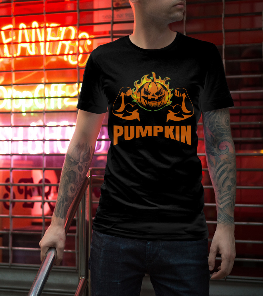 Bodybuilder Pumpkin Halloween Costume Muscles Jack-O'-Lantern T-Shirt