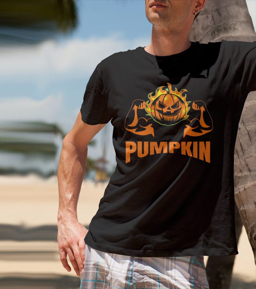 Bodybuilder Pumpkin Halloween Costume Muscles Jack-O'-Lantern T-Shirt