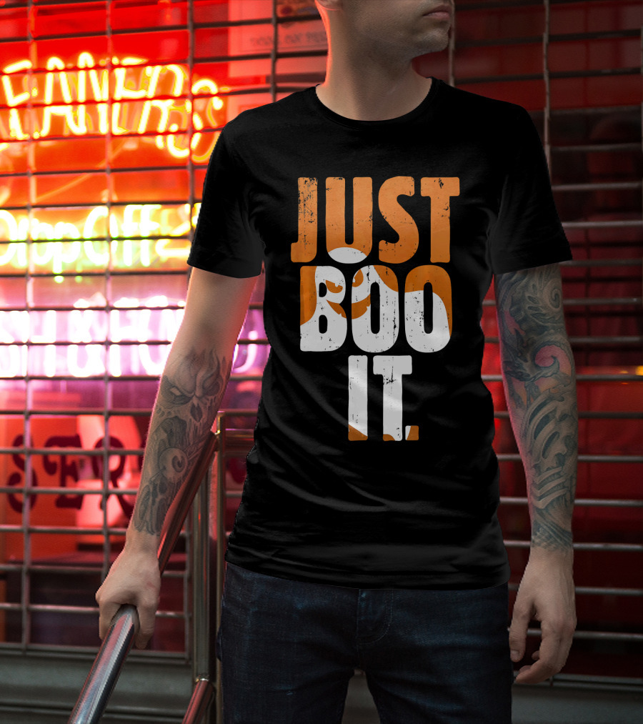 Halloween Just Boo It Funny Ghost Text With Orange White Letters T-Shirt