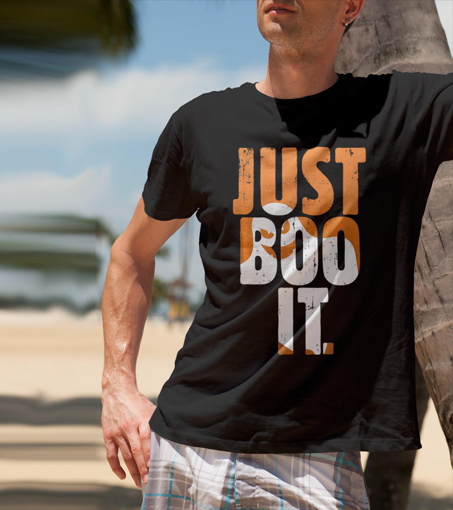 Halloween Just Boo It Funny Ghost Text With Orange White Letters T-Shirt