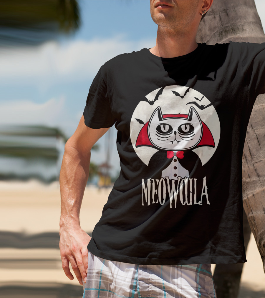 Meowcula Funny Cat Vampire Dracula Cartoon Bats Moon T-Shirt