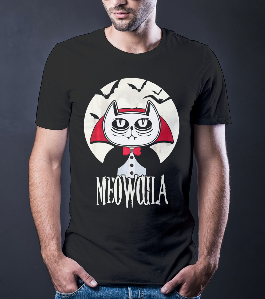 Meowcula Funny Cat Vampire Dracula Cartoon Bats Moon T-Shirt