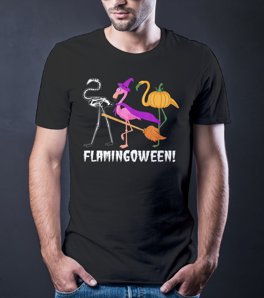 Flamingoween Skeleton Witch Pumpkin Flamingo Halloween T-Shirt