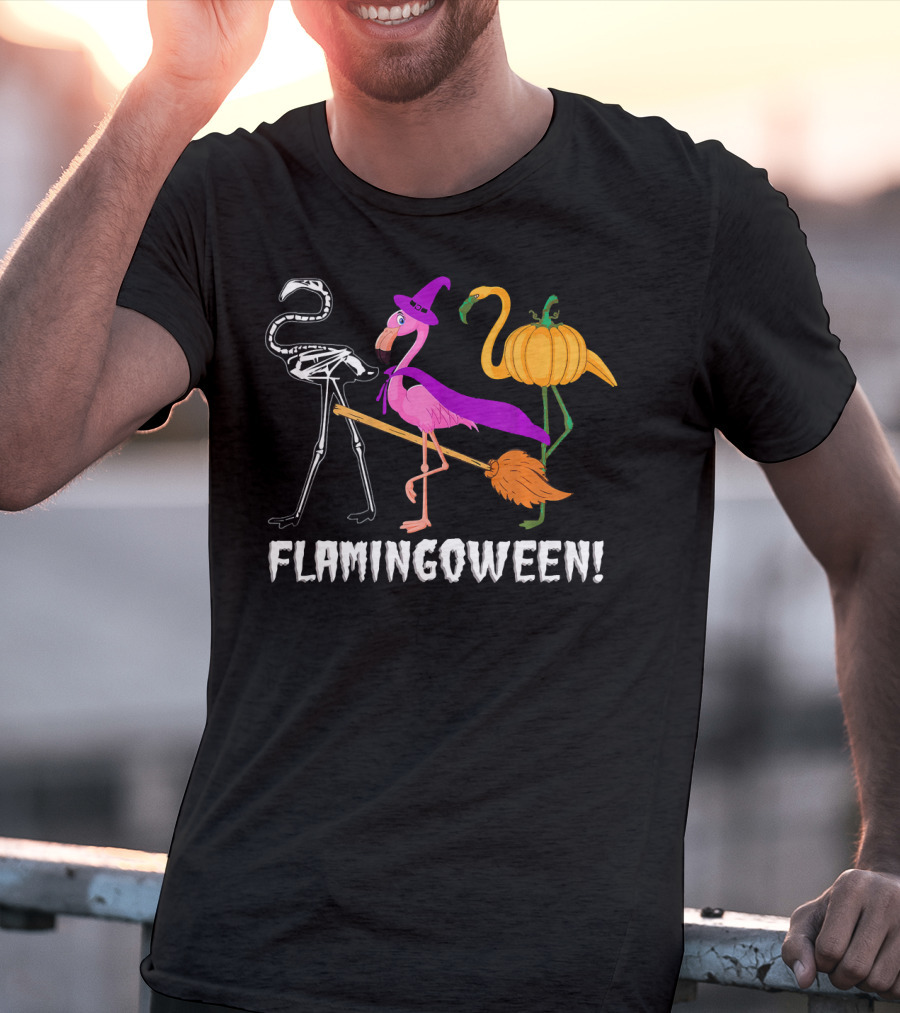 Flamingoween Skeleton Witch Pumpkin Flamingo Halloween T-Shirt