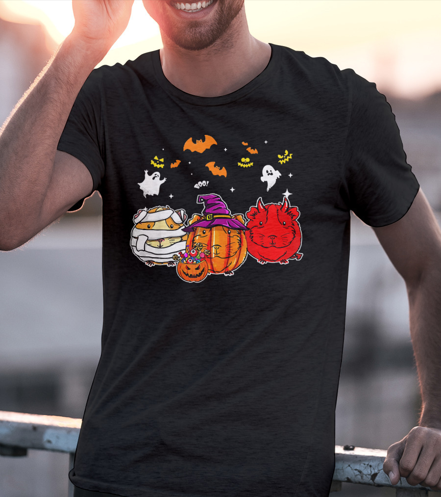 Guinea Pigs Happy Halloween Cute Mummy Witch Devil Pumpkin Ghosts Bats T-Shirt