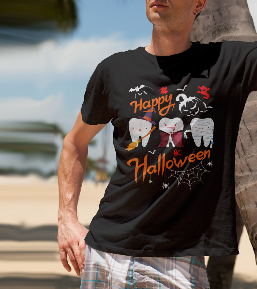 Happy Halloween Witch Vampire Mummy Teeth With Bats And Spiderweb T-Shirt