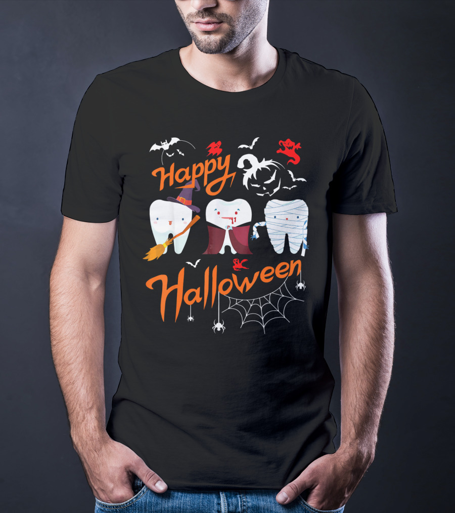 Happy Halloween Witch Vampire Mummy Teeth With Bats And Spiderweb T-Shirt