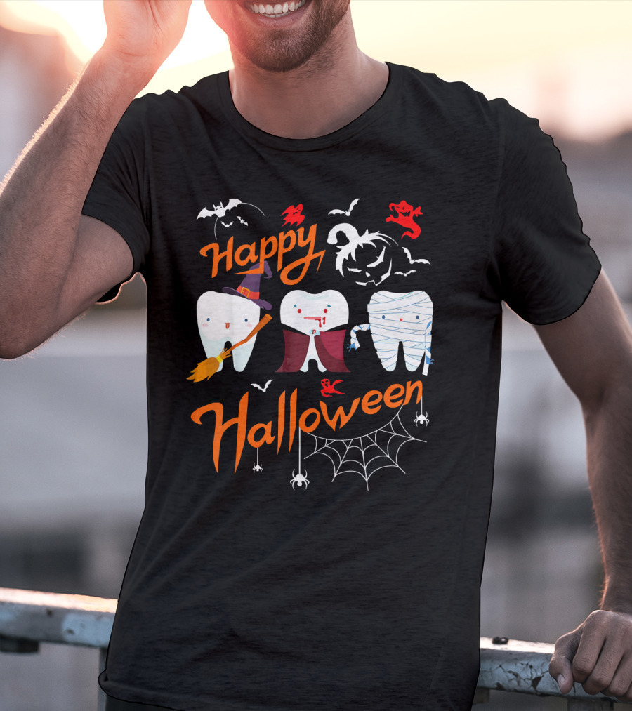 Happy Halloween Witch Vampire Mummy Teeth With Bats And Spiderweb T-Shirt