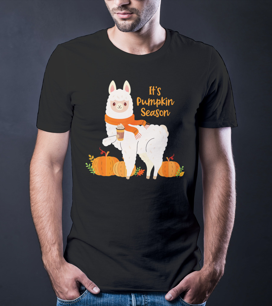 It's Pumpkin Season Llama With Autumn Leaves And Pumpkins T-Shirt