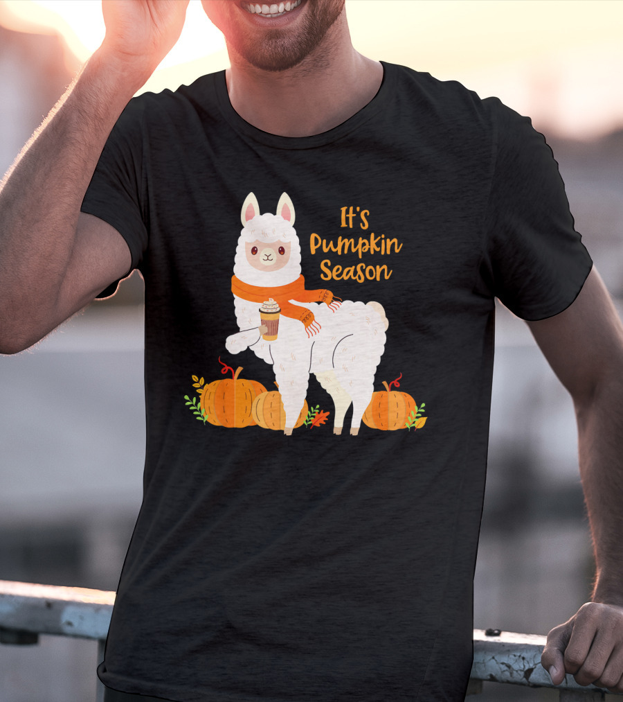 It's Pumpkin Season Llama With Autumn Leaves And Pumpkins T-Shirt