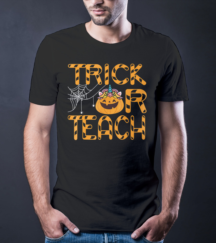 Trick Or Teach Funny Pumpkin Unicorn With Spider Web T-Shirt