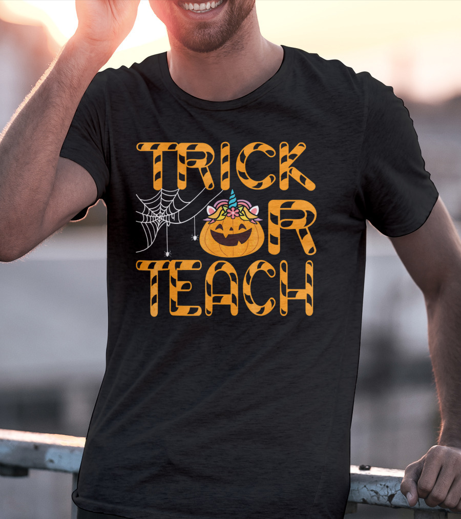 Trick Or Teach Funny Pumpkin Unicorn With Spider Web T-Shirt