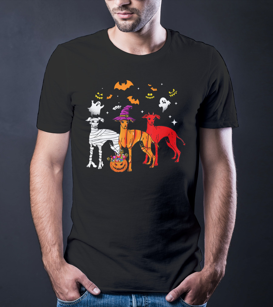 Halloween Italian Greyhound Dogs In Witch, Mummy, And Pumpkin Costumes With Ghosts And Bats T-Shirt