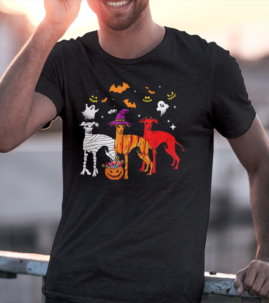 Halloween Italian Greyhound Dogs In Witch, Mummy, And Pumpkin Costumes With Ghosts And Bats T-Shirt