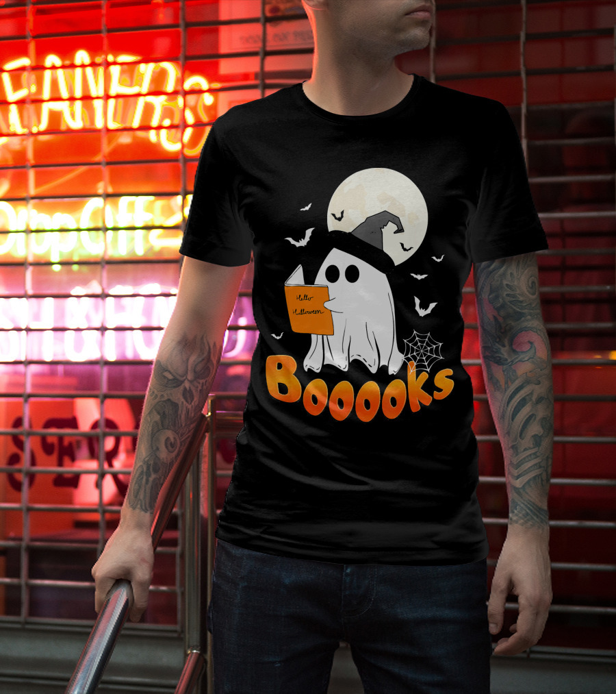 Boooks Ghost Reading Halloween Bats Moon Hat T-Shirt