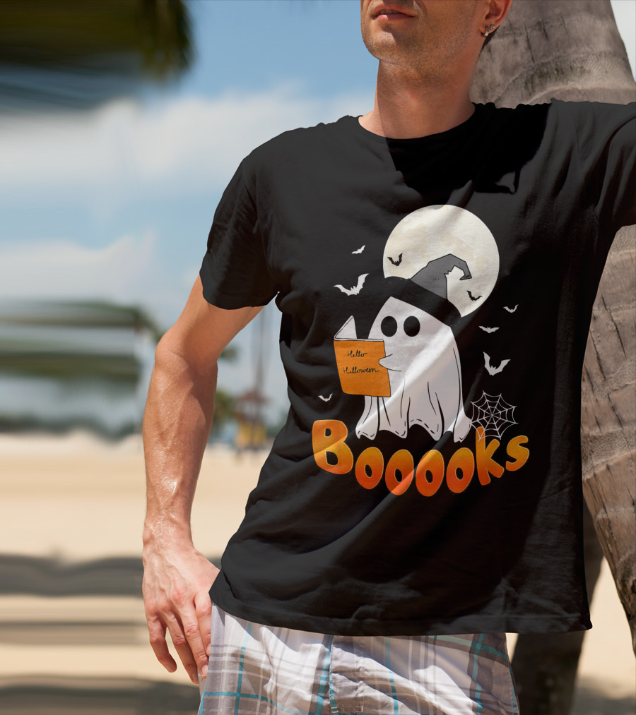 Boooks Ghost Reading Halloween Bats Moon Hat T-Shirt