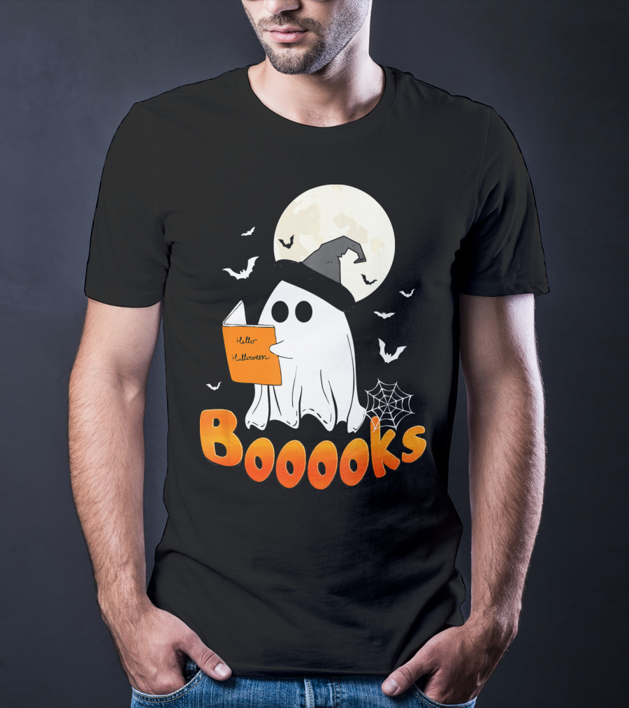 Boooks Ghost Reading Halloween Bats Moon Hat T-Shirt