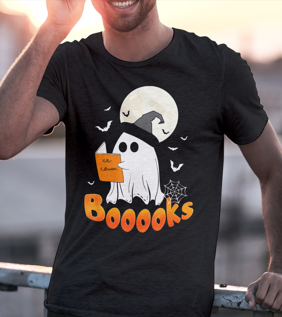 Boooks Ghost Reading Halloween Bats Moon Hat T-Shirt