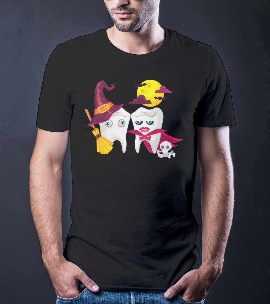 Witch Hat Broom Vampire Teeth Halloween Moon Bats T-Shirt