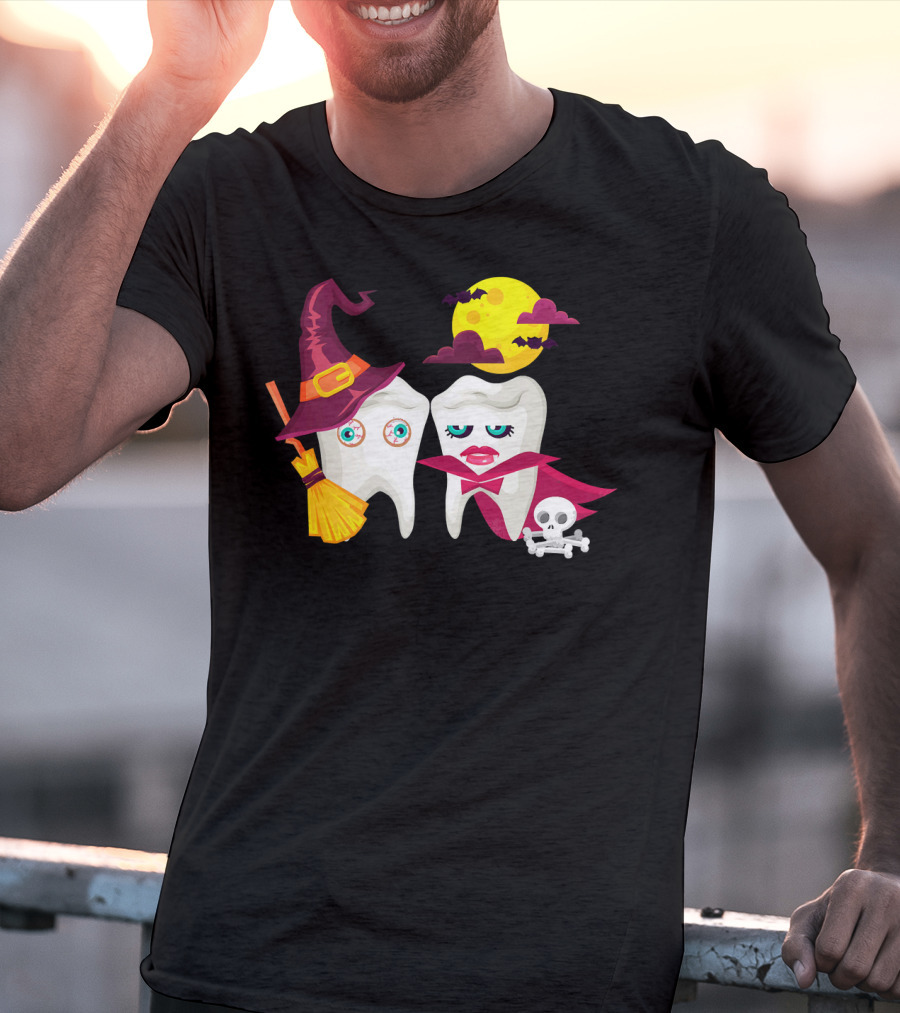 Witch Hat Broom Vampire Teeth Halloween Moon Bats T-Shirt