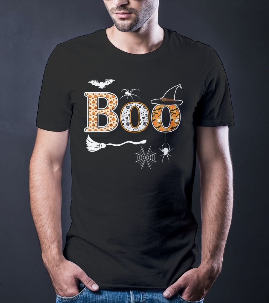 Halloween Boo Pumpkin With Witch Hat And Spider Web T-Shirt