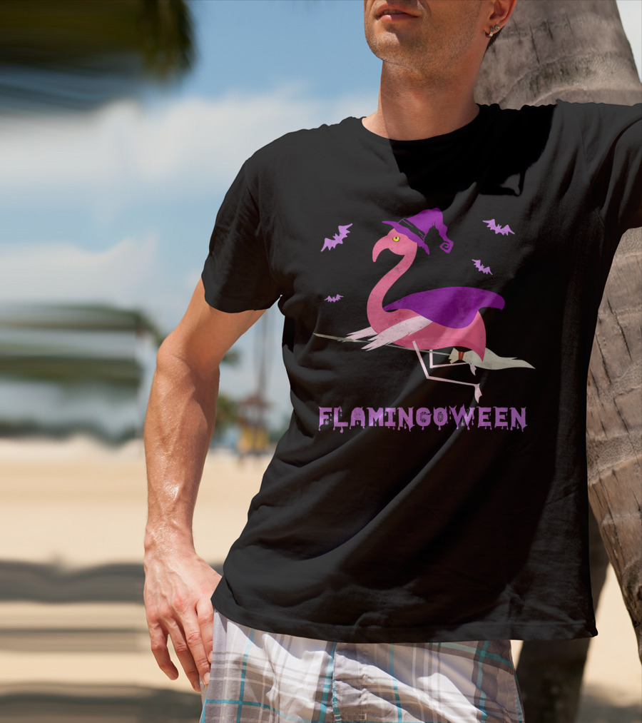 Flamingoween Funny Flamingo Witch With Bats And Broomstick T-Shirt