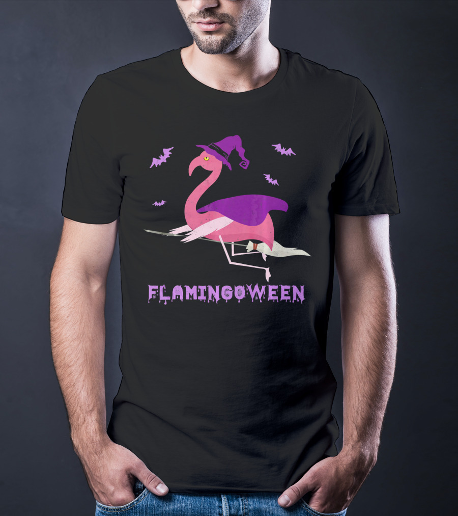 Flamingoween Funny Flamingo Witch With Bats And Broomstick T-Shirt