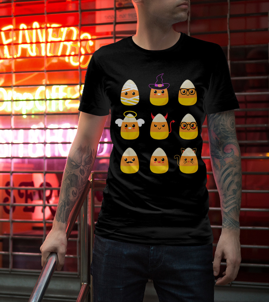 Candy Corn Characters Witch Angel Devil Cat Mummy Nerd Mustache T-Shirt