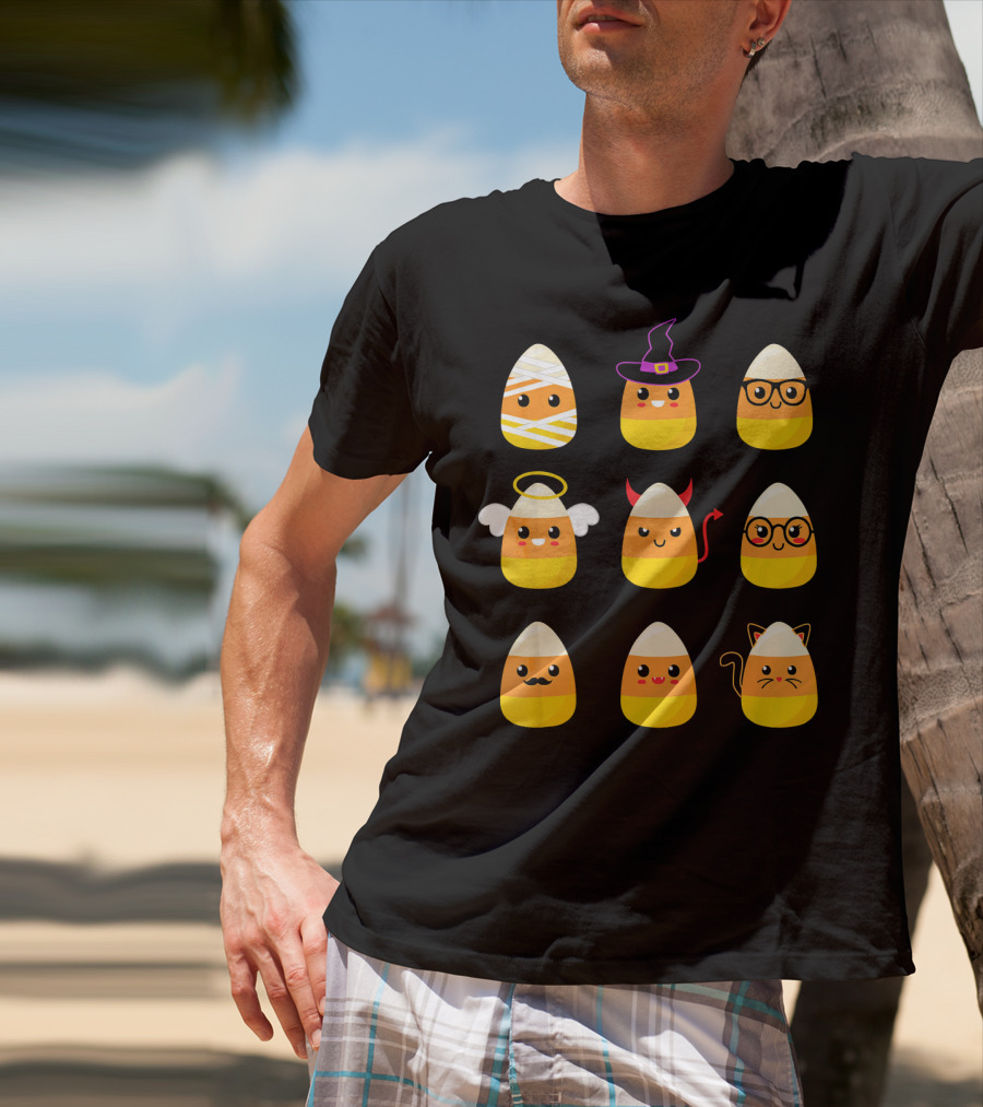 Candy Corn Characters Witch Angel Devil Cat Mummy Nerd Mustache T-Shirt