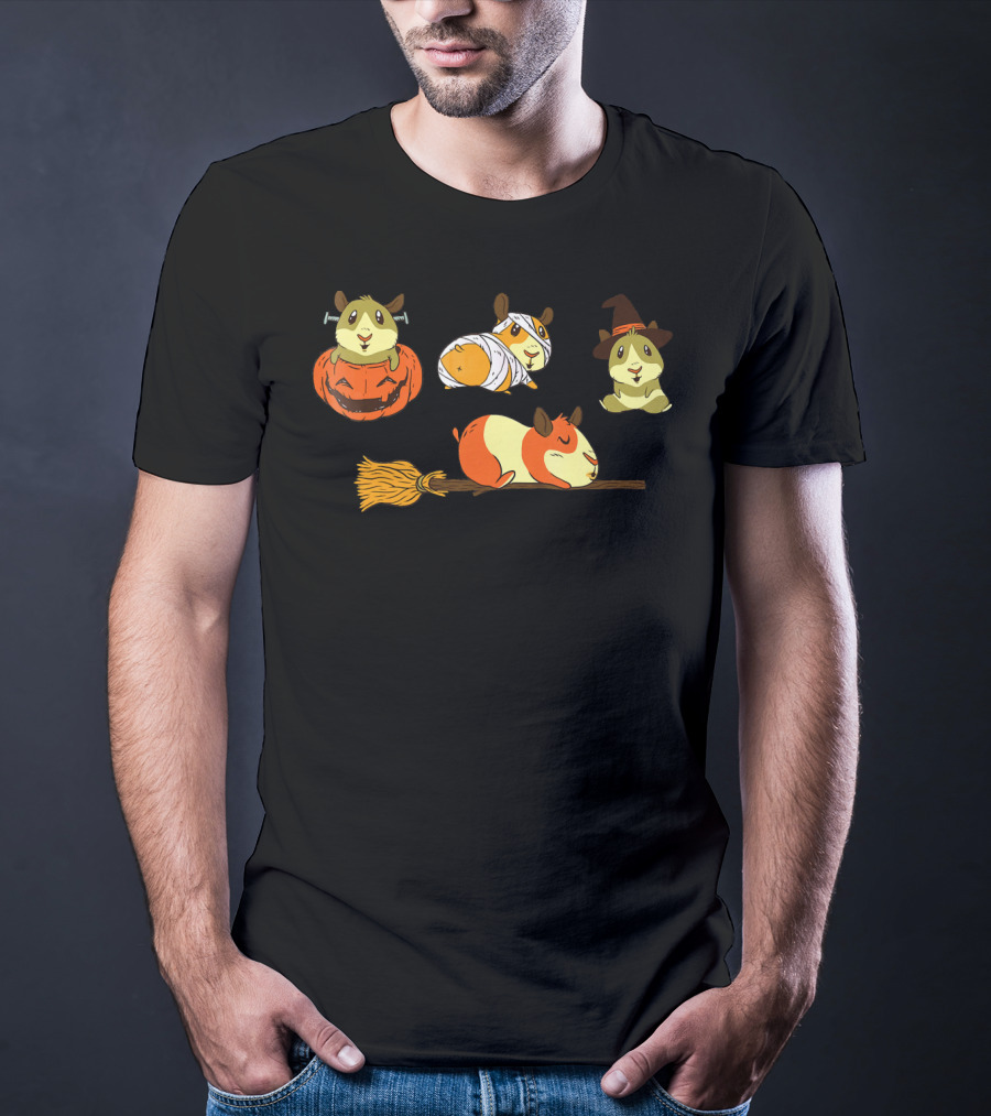 Funny Halloween Guinea Pigs With Witch And Pumpkin Costumes T-Shirt