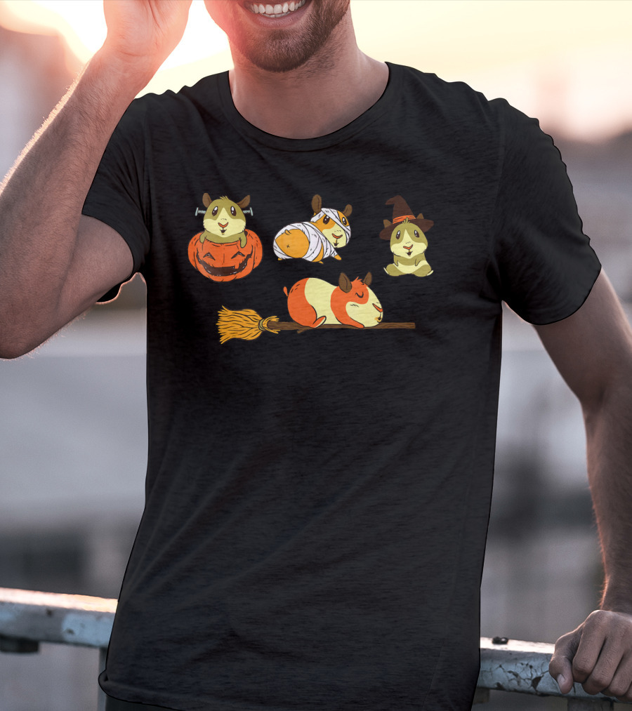 Funny Halloween Guinea Pigs With Witch And Pumpkin Costumes T-Shirt