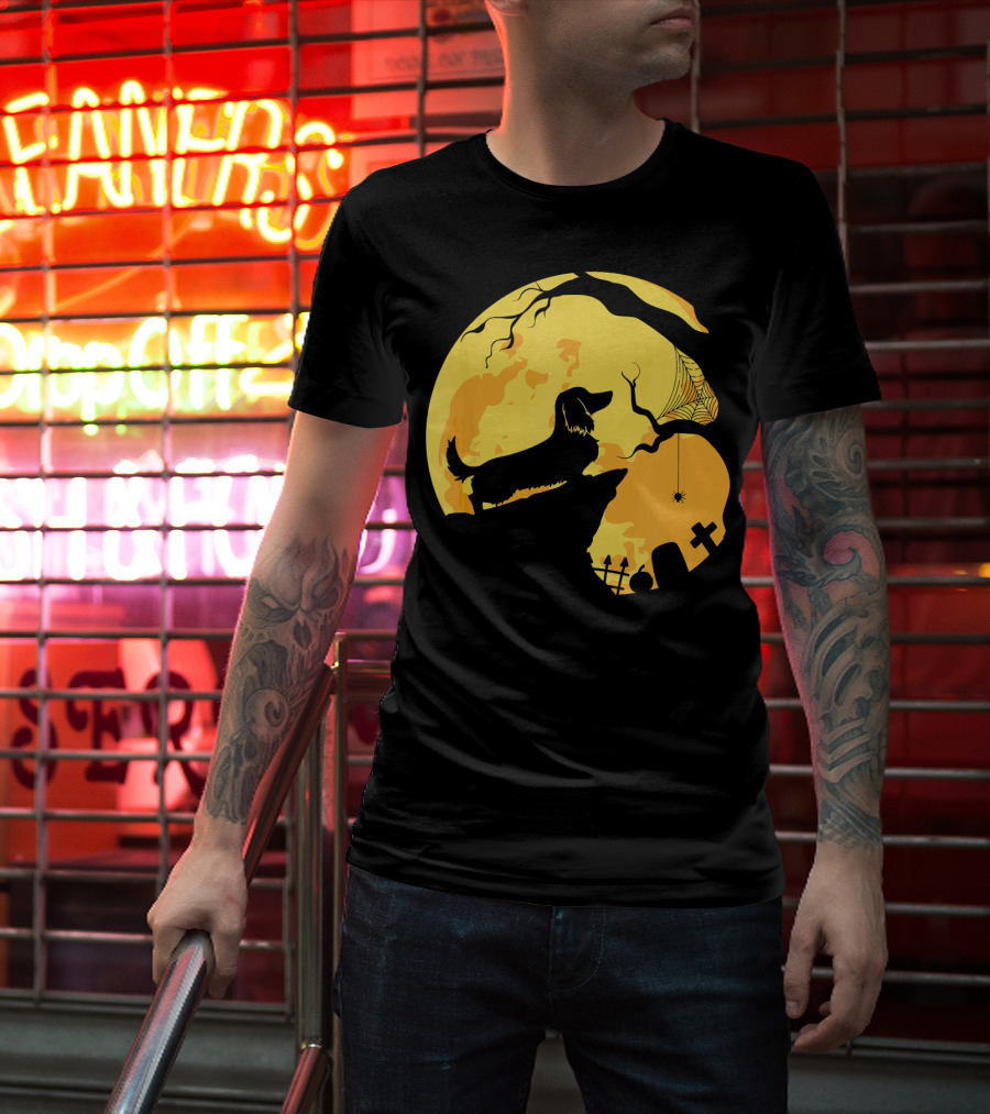 Dachshund Silhouette On Cliff With Full Moon And Halloween Graveyard Scene T-Shirt